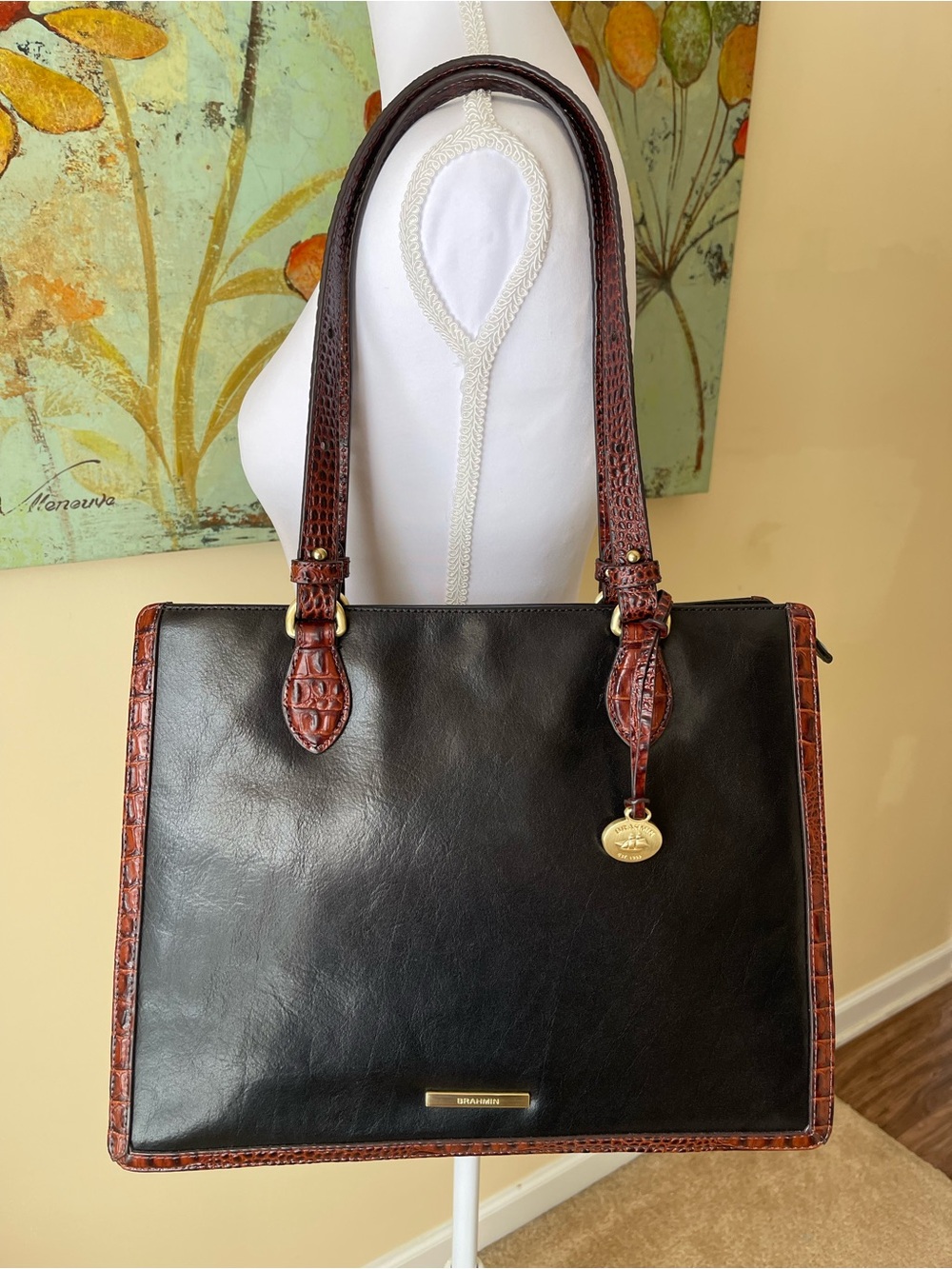 Brahmin Black Leather Shoulder Bag with Brown Croc-Trim